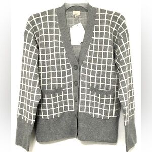 A New Day Women's L Cozy Knit Light Gray Windowpane Everyday Cardigan Sweater